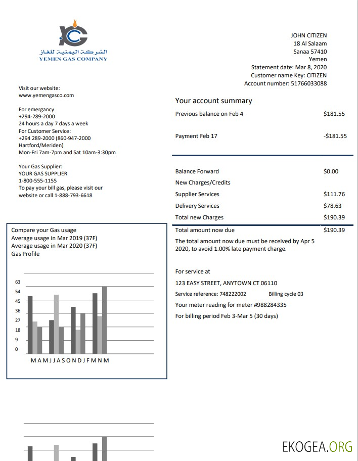 Yemen Gas Company utility bill template in Word and PDF format